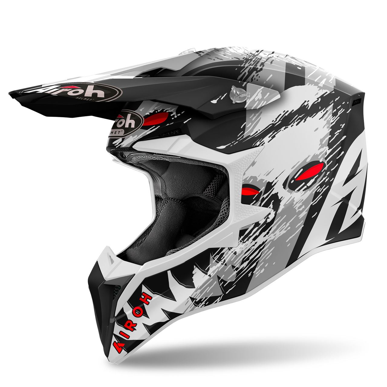 Capacete Airoh Wraap Demon Capacete integral motocross preto, branco e cinzento com detalhes vermelhos