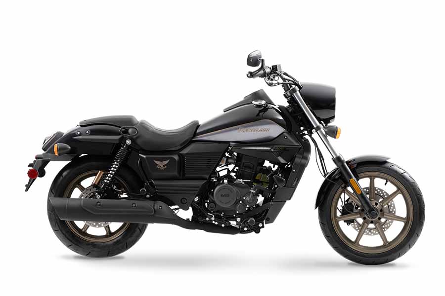 UM Renegade Freedom 125 Motocicleta preta e cinza Harley-Davidson vista de lado em fundo branco