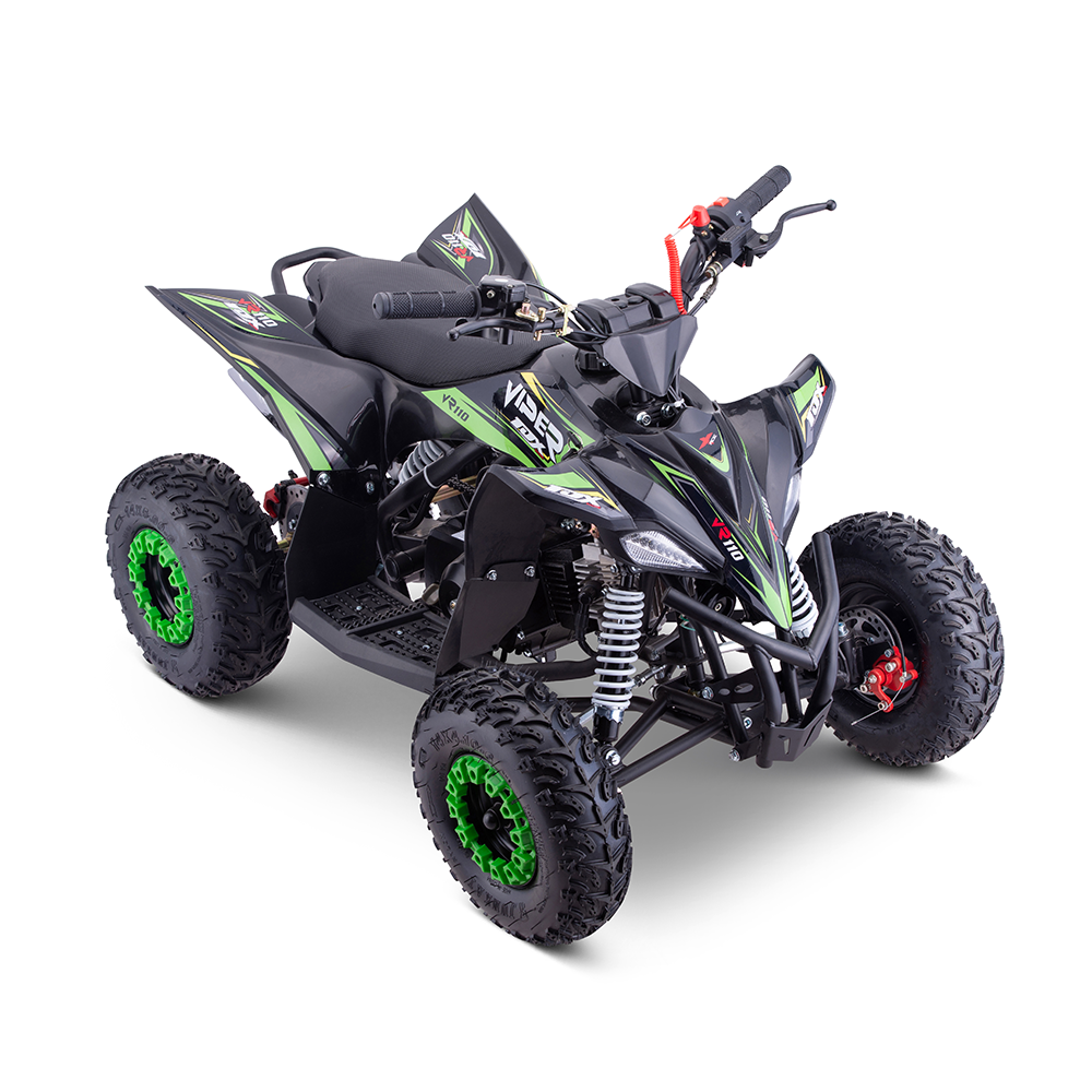 Mini quad Viper VR 110cc Quadriciclo elétrico infantil preto e verde com pneus grossos e suspensão.