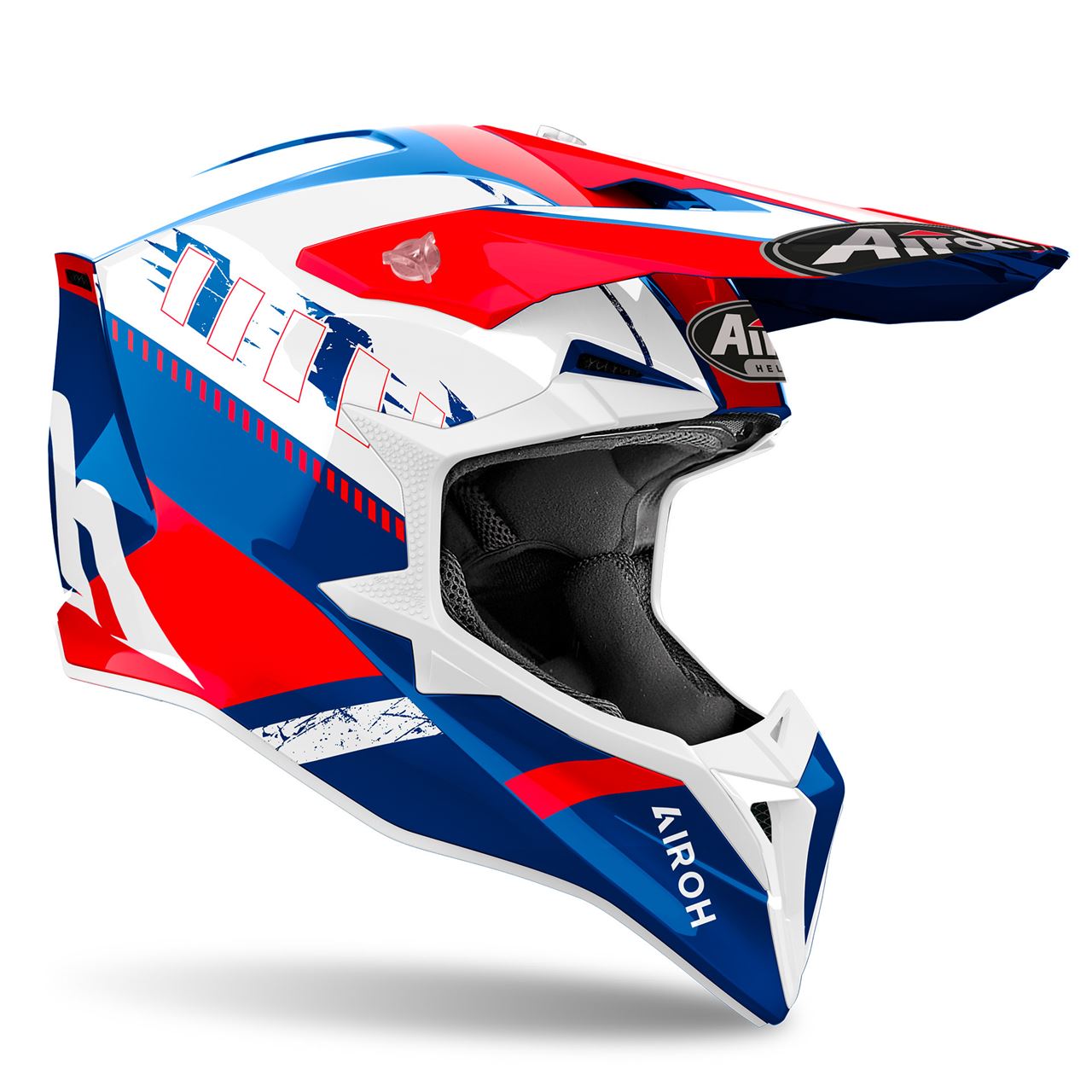 Capacete Airoh Wraap Feel Vermelho e Azul Capacete de motocross azul, vermelho e branco com marca AIROH