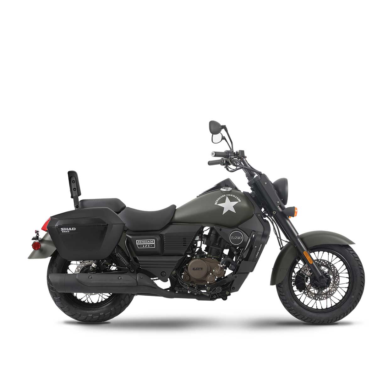 UM 125 RENEGADE Commando Tourer Motociclo clássico verde militar com saco preto e símbolo de estrela branca no tanque