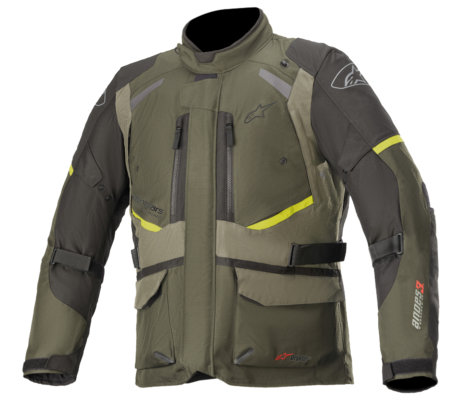 Casaco Alpinestars Andes V3 Drystar Casaco técnico para motociclista verde com detalhes amarelos e cinza