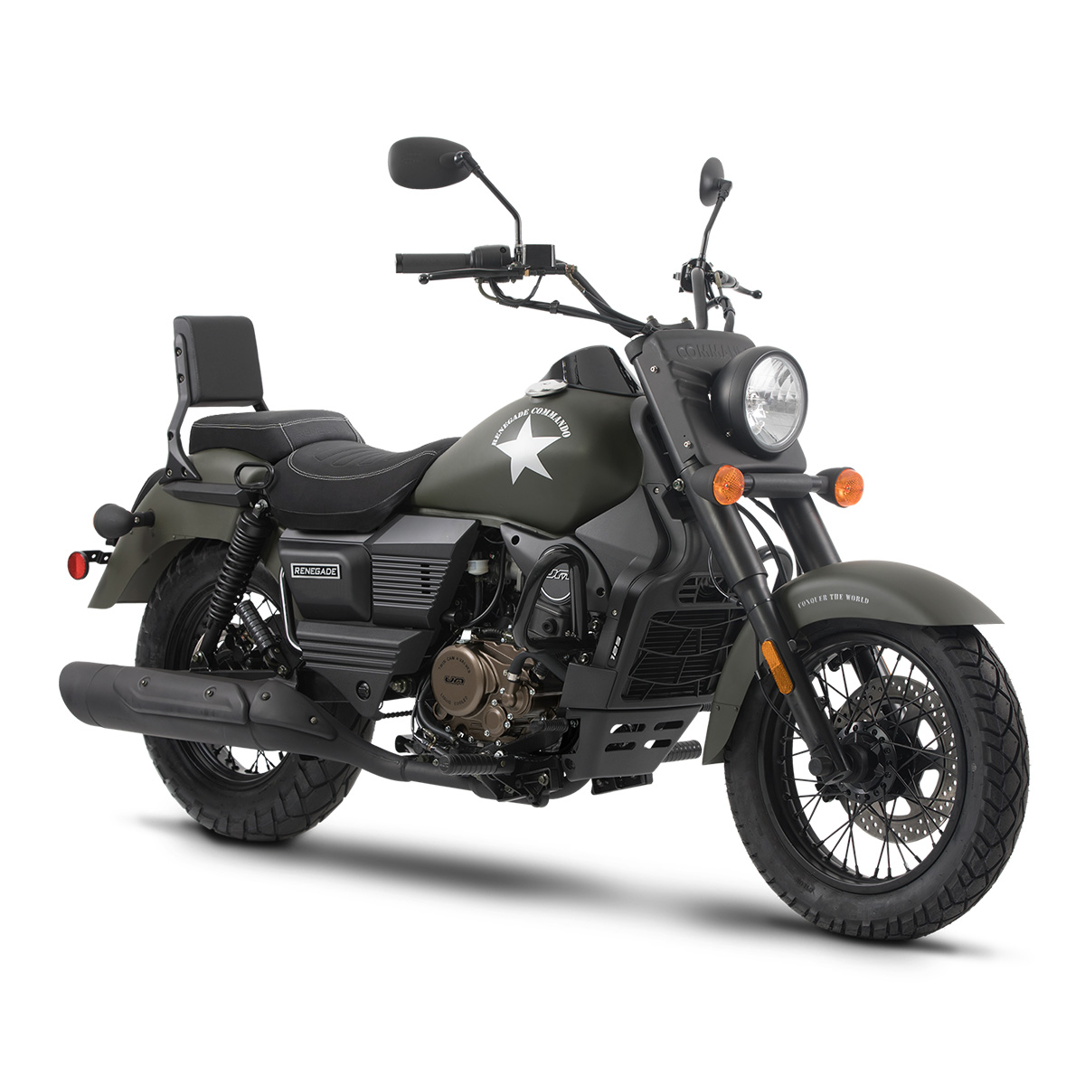 UM 125 RENEGADE Commando Motocicleta cruiser verde militar com estrela branca no tanque