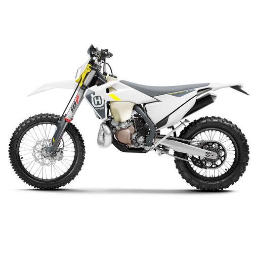 Husqvarna TE 250i 2022 Motocross branca com detalhes amarelos vista lateral