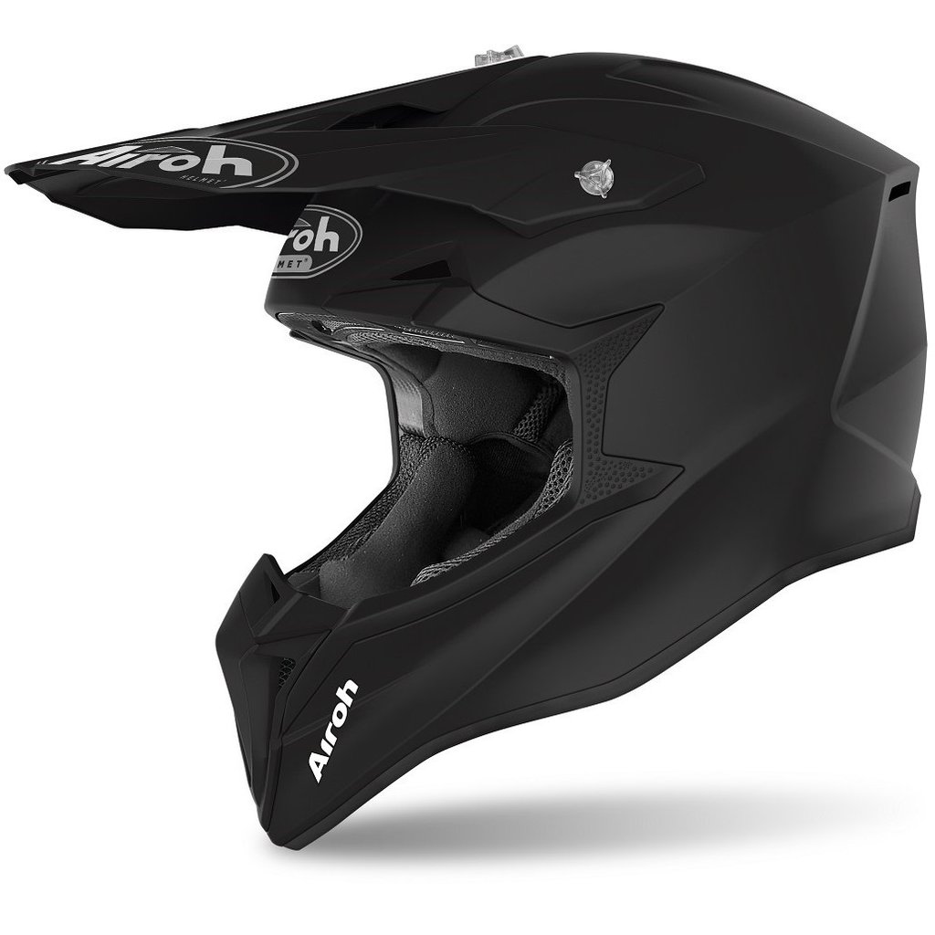 Capacete preto de motocross Airoh com interior acolchoado e logótipos brancos