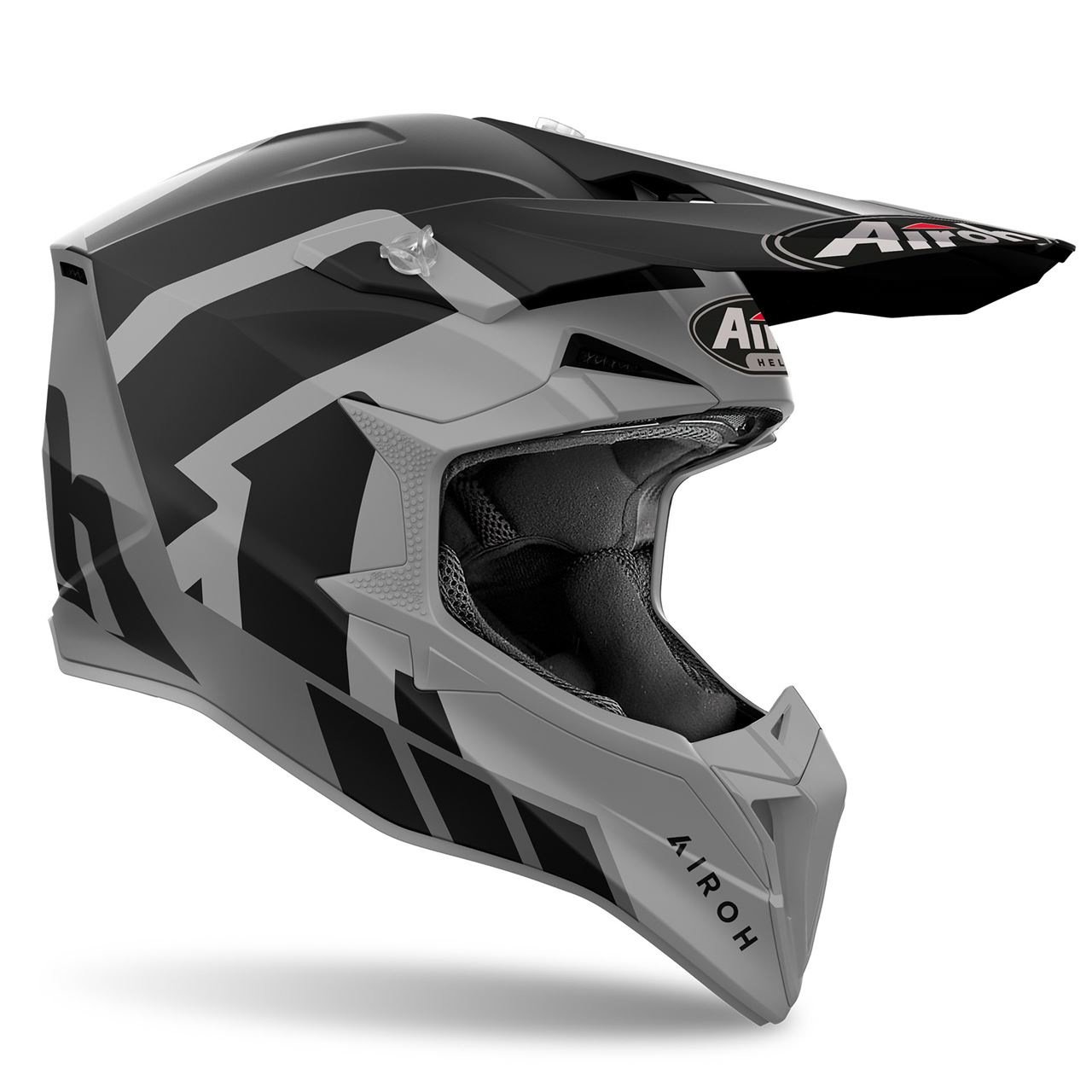 Capacete Airoh Wraap Reloaded Capacete motocross preto e cinza AIROH com design geométrico