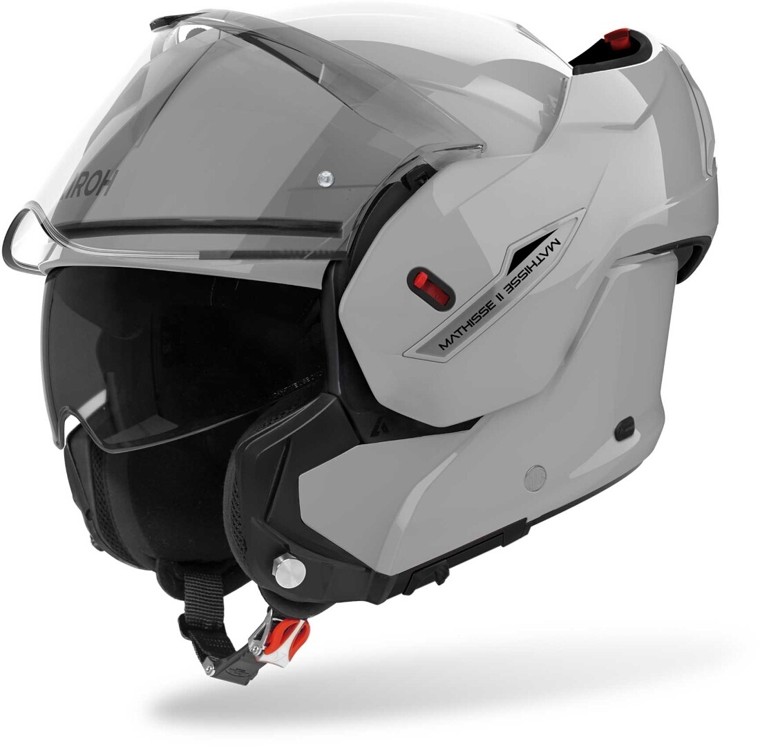 Capacete Airoh Mathisse II Capacete de mota modular cinzento com viseira transparente e almofadas pretas