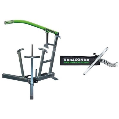 Aparelho de exercício metálico com alavanca verde e texto RABACONDA
