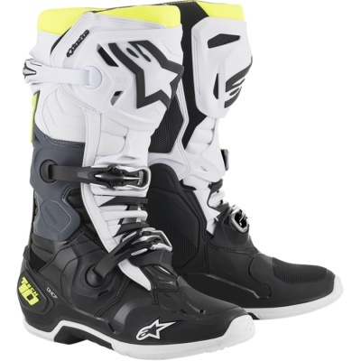 Botas de motocross Alpinestars preto, branco e amarelo com fechos ajustáveis