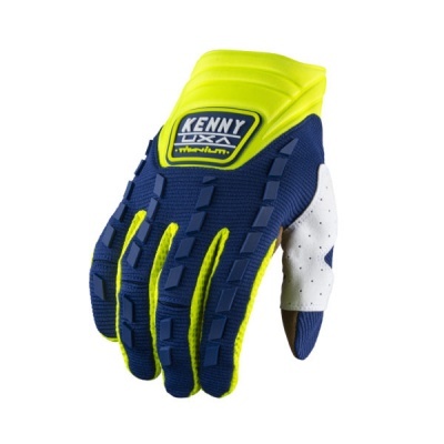 Luva de motocross azul escura com amarelo fluorescente e palma branca ventilada