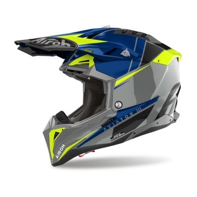 Capacete motocross azul, cinzento e amarelo fluorescente