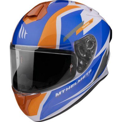 Capacete integral azul, branco e laranja com viseira transparente