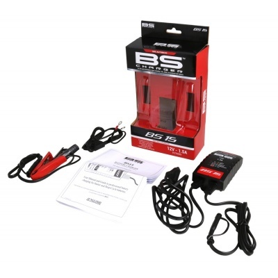 Carregador BS Charger BS 15 12V-1,5A com cabos vermelhos e pretos e manual