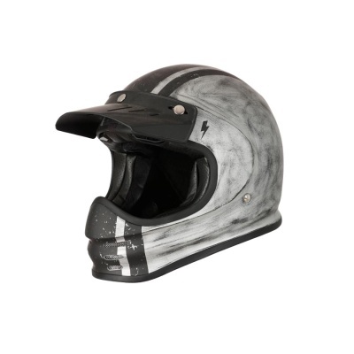 Capacete integral cinza com viseira preta e padrão com riscas