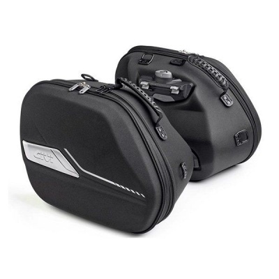 Conjunto de duas malas laterais rígidas pretas com fechos e alças