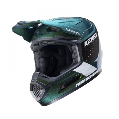 Capacete integral verde escuro para motocross com detalhes em branco e preto