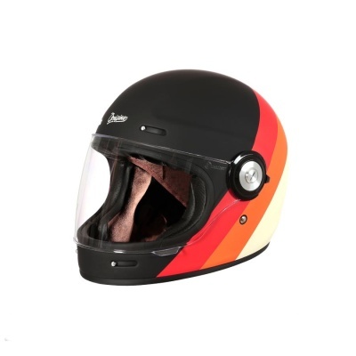 Capacete integral preto fosco com detalhes em vermelho, laranja e creme e viseira transparente