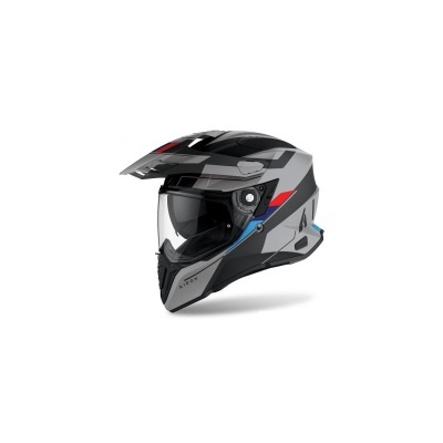 Capacete de mota integral cinzento, preto, vermelho e azul com viseira escura