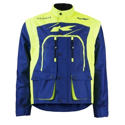 Casaco azul e amarelo fluorescente com bolsos e cordões de ajuste