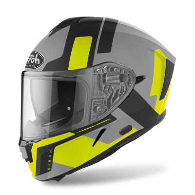 Capacete integral cinza com detalhes amarelos e visor transparente