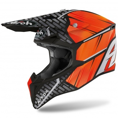 Capacete motocross Airoh preto, laranja e branco com padrão geométrico