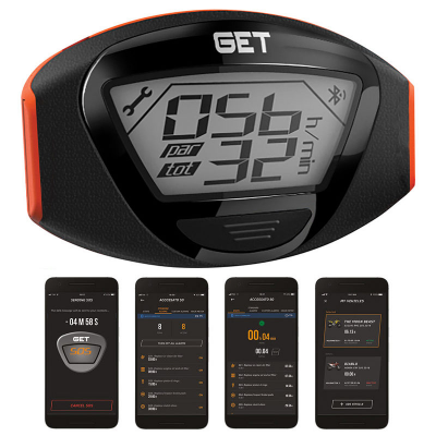 Dispositivo GET preto e laranja com visor digital e quatro ecrãs de aplicação móvel