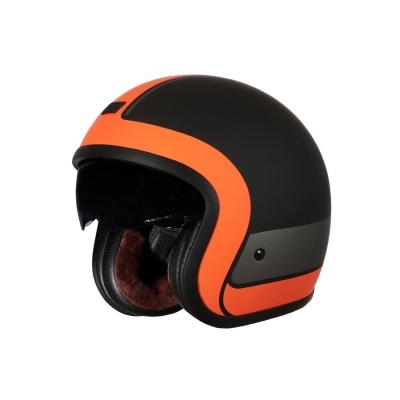 Capacete aberto preto fosco com detalhes laranja e interior acolchoado castanho