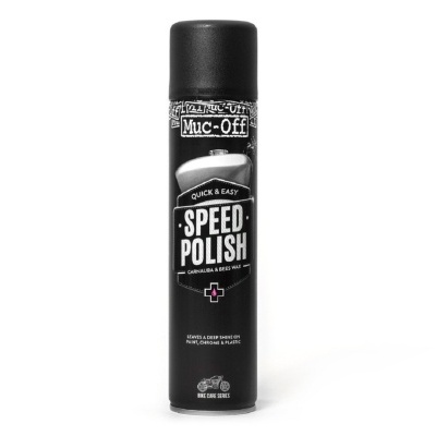 Spray preto Muc-Off Speed Polish com texto branco sobre fundo branco