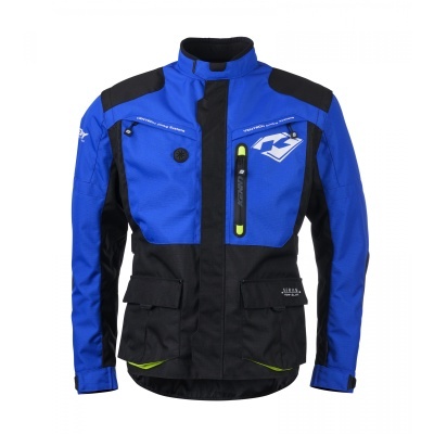 Casaco de moto azul e preto com bolsos e logótipo branco