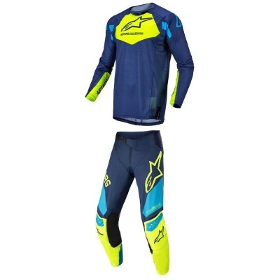 Conjunto de motocross azul escuro, amarelo e azul claro com logótipos Alpinestars