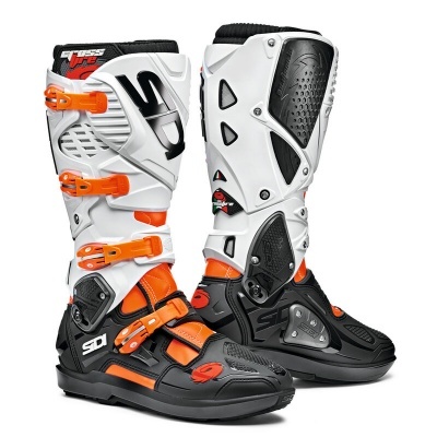 Botas de motocross SIDI preto branco laranja com fivelas e proteções rígidas