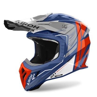 Capacete motocross azul, cinzento, branco e vermelho com viseira e acolchoado preto