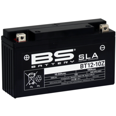 Bateria BS Battery preta modelo BT12-10Z com etiquetas brancas e terminais metálicos