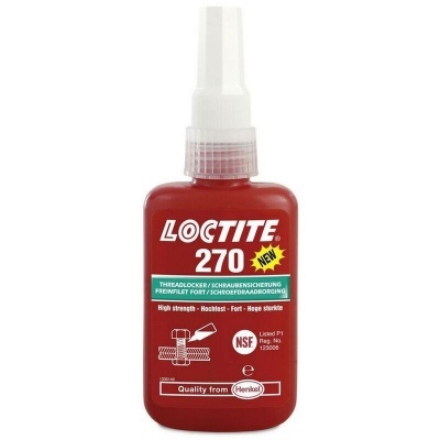 Frasco de cola Loctite 270 vermelho com tampa branca e rótulo detalhado.