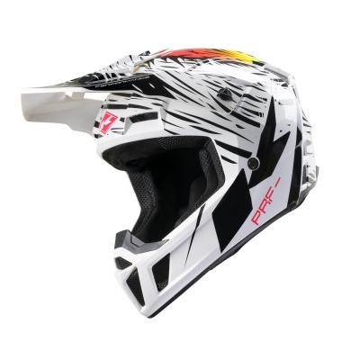 Capacete motocross branco com padrão preto e vermelho, interior acolchoado preto
