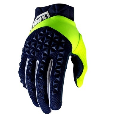 Luvas de bicicleta azul escuro e amarelo fluorescente com textura triangular e inscrição 100%.