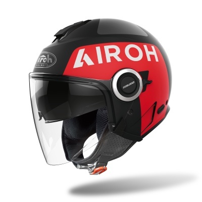 Capacete aberto preto e vermelho AIROH com visor transparente