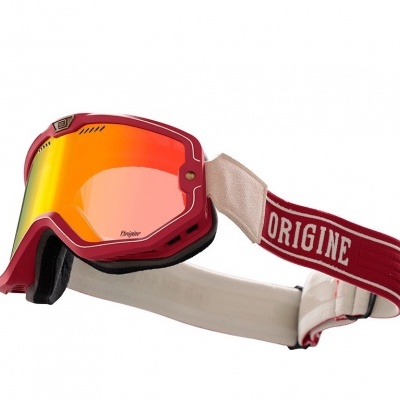 Óculos de proteção vermelhos com lente espelhada e faixa elástica com a palavra ORIGINE