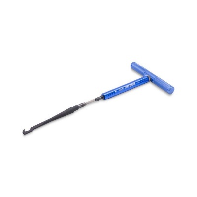 Ferramenta de desbloqueio azul com cabo em forma de T e ponta preta sobre fundo branco