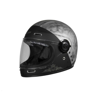 Capacete integral preto e cinza com viseira transparente e desenhos de estrelas