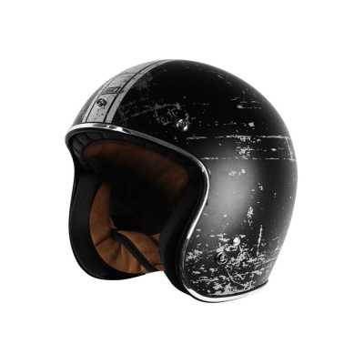 Capacete moto aberto preto com padrão desgastado branco e interior castanho