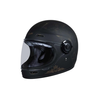 Capacete integral preto com detalhes dourados e viseira transparente