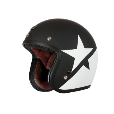 Capacete aberto preto e branco com estrela branca na lateral