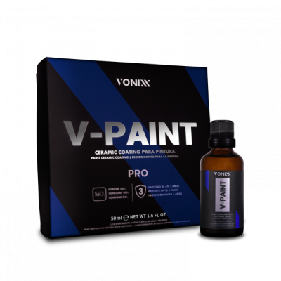 Embalagem V-PAINT PRO da Vonixx e frasco de vidro âmbar com rótulo preto e azul
