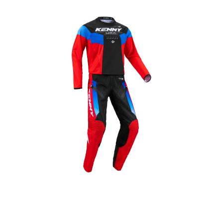 Conjunto de roupa desportiva para motociclismo vermelho, preto e azul com texto KENNY MALAYSIA