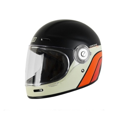 Capacete integral preto, creme e laranja com viseira transparente