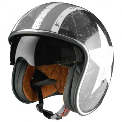 Capacete de moto vintage preto e branco com interior castanho acolchoado