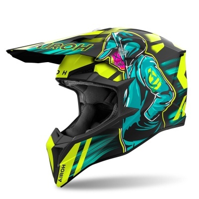 Capacete para motocross colorido com design gráfico e texto AIROH