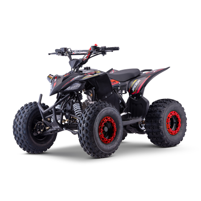 Quad preto com detalhes vermelhos e pneus grandes