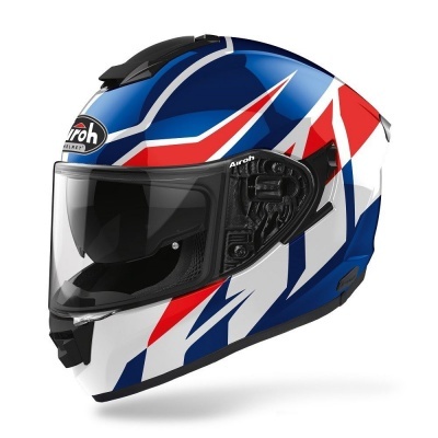 Capacete de motociclista integral azul, branco e vermelho com viseira transparente e logotipo Airoh